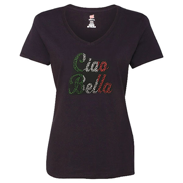 Ciao Bella Rhinestone V-Neck Black T-Shirt