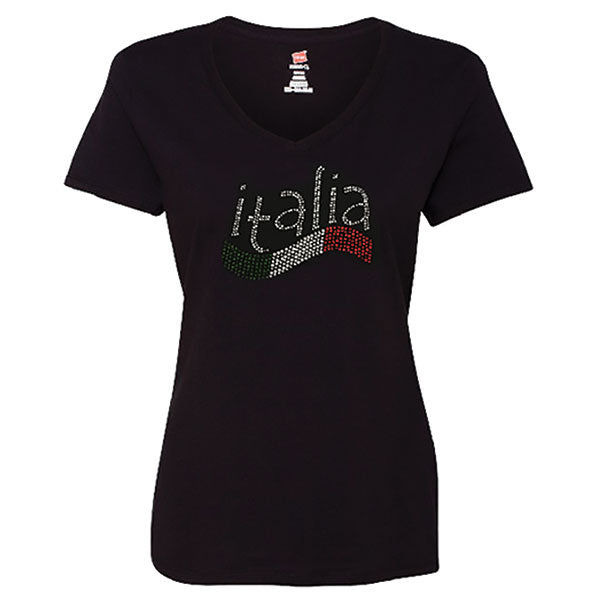 Italian Wave Rhinestone V-Neck Black T-Shirt