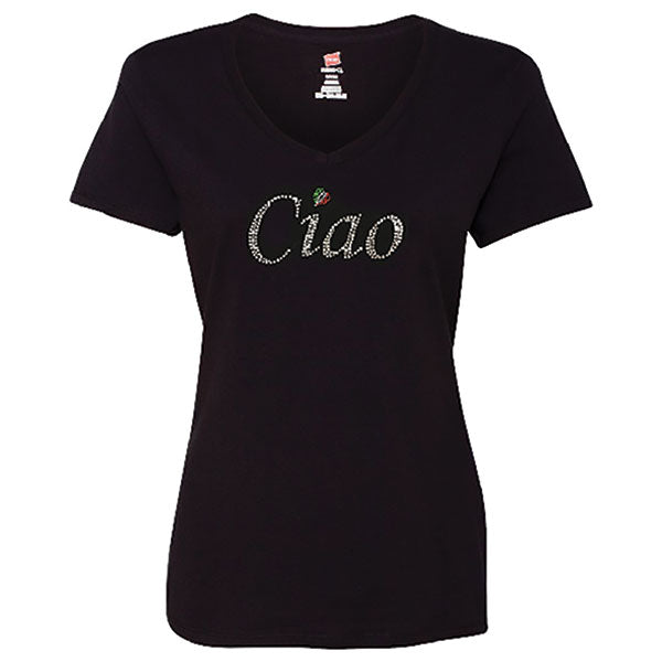 Ciao Rhinestone V-Neck Black T-Shirt