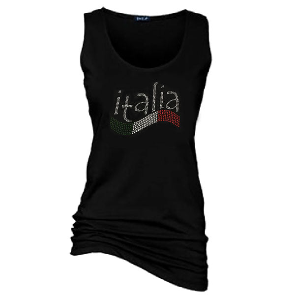 Italia Wave Rhinestone Wide-Strap Black Tank