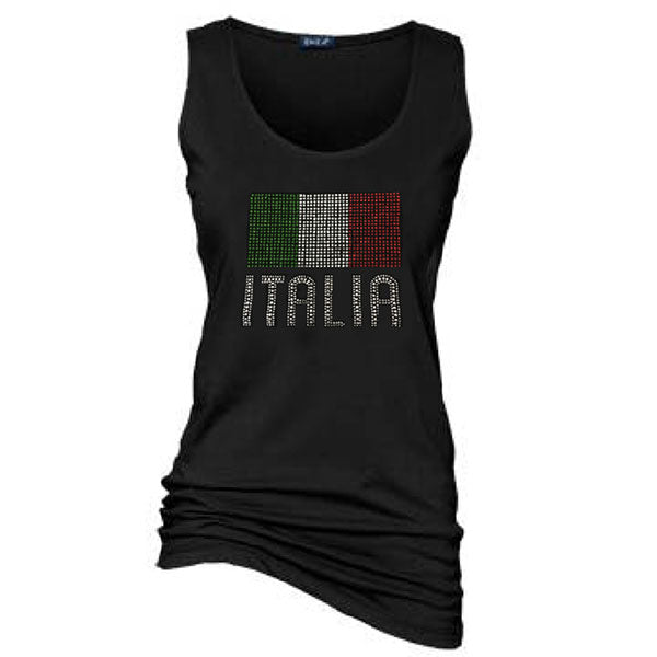 Italia Flag Rhinestone Wide-Strap Black Tank