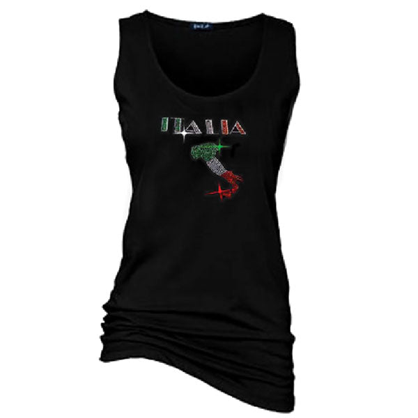 Italia With Boot Rhinestone Wide-Strap Black Tank