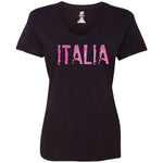 Distressed Italia Pink Glitter V-Neck Black T-Shirt