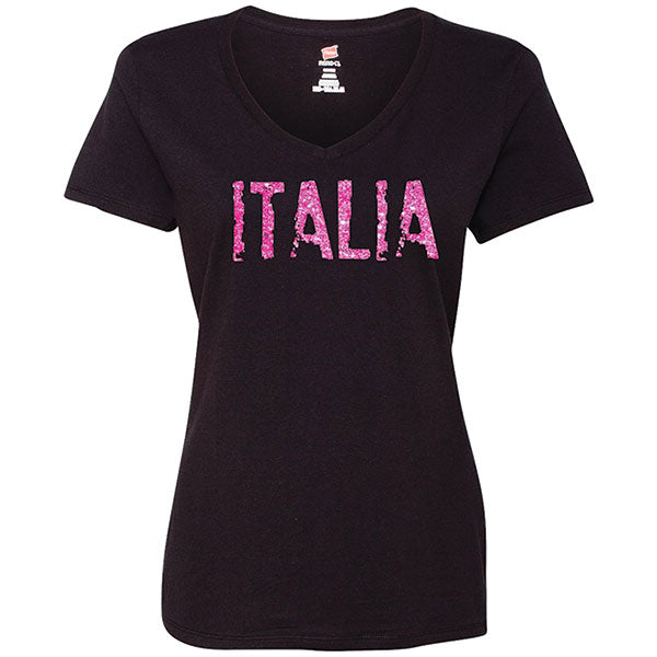 Distressed Italia Pink Glitter V-Neck Black T-Shirt