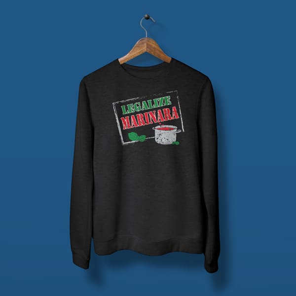 Legalize marinara adult black sweatshirt on a hanger