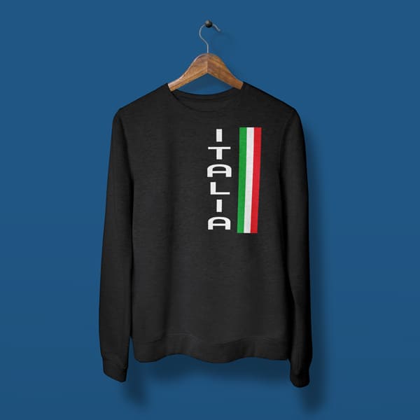 Vertical Italia adult black sweatshirt on a hanger