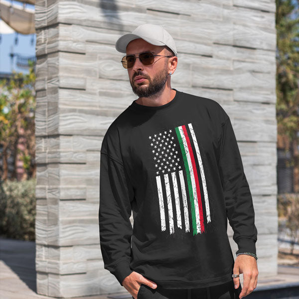 LSAB316-Adult Distressed Italian-American Flag Long Sleeve T-Shirt (Black)