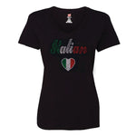 RSBV283-Ladies Italian with Heart Rhinestone V-Neck T-Shirt (Black)