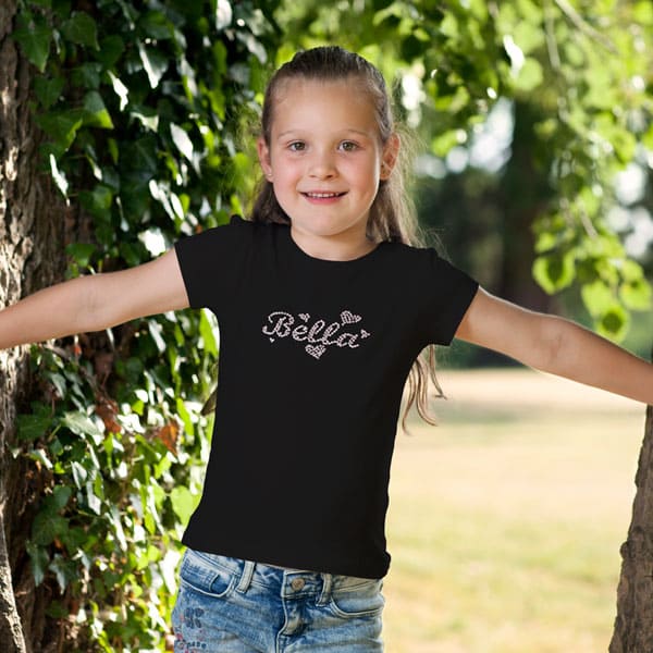 Bella rhinestone youth girls black t-shirt on a girl