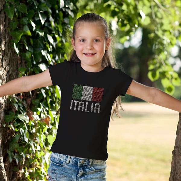Italia flag rhinestone youth girls black t-shirt on a girl