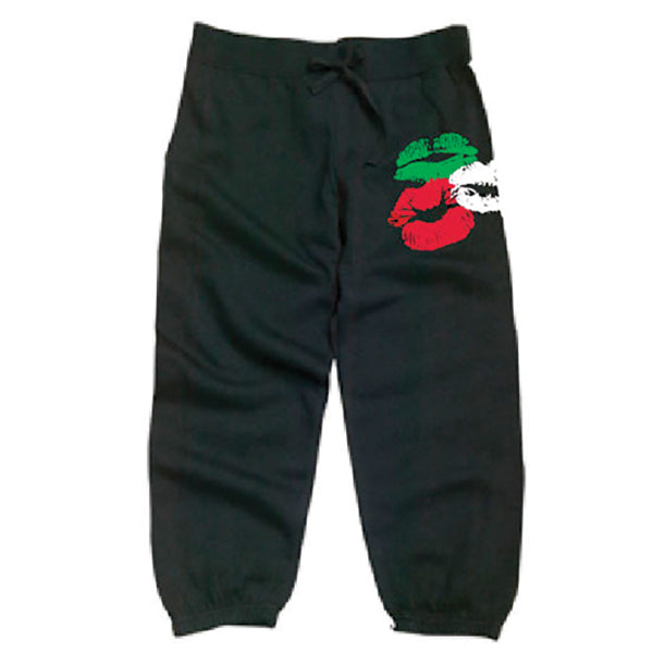 Ladies Black Capri Distressed Italia Lips Sweatpants