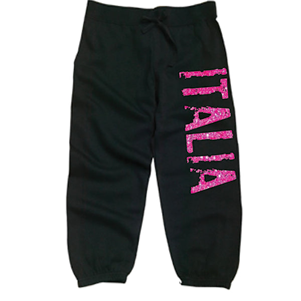 Ladies Black Capri Distressed Italia Pink Glitter Sweatpants