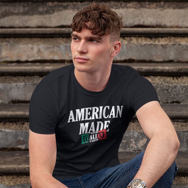 American Made with Italian Parts adult black t-shirt on a man front view