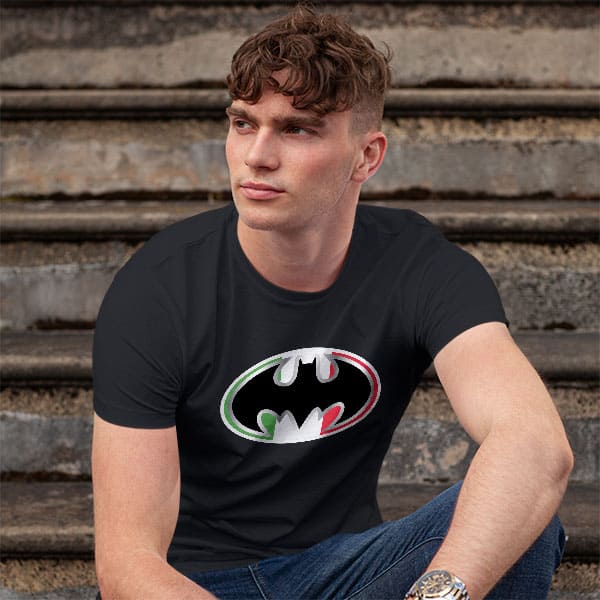 Batman adult black t-shirt on a man front view