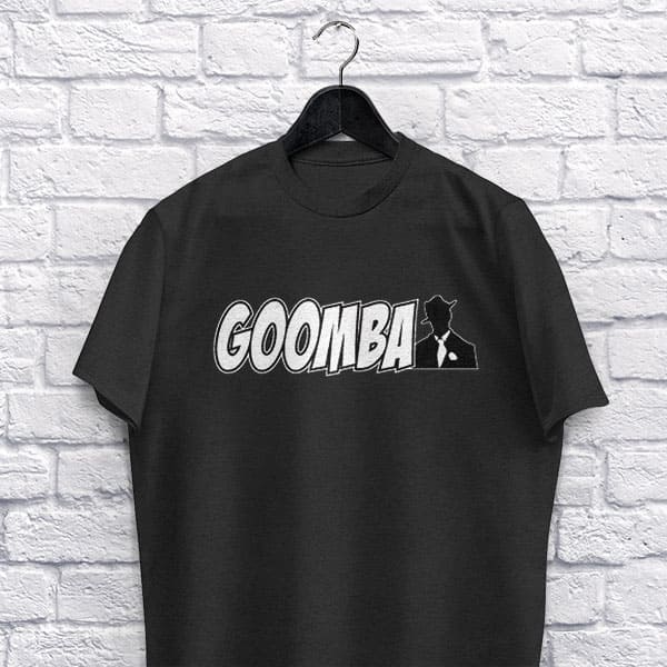 Goomba adult black t-shirt on a hanger