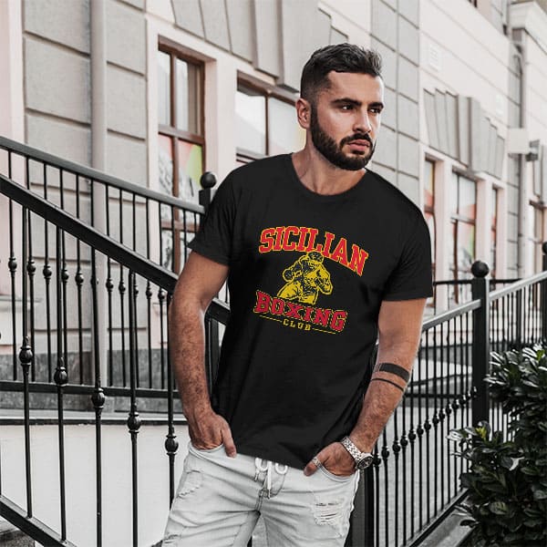 Sicilian Boxing adult black t-shirt on a man front view