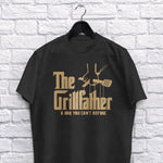 The Grillfather adult black t-shirt on a hanger