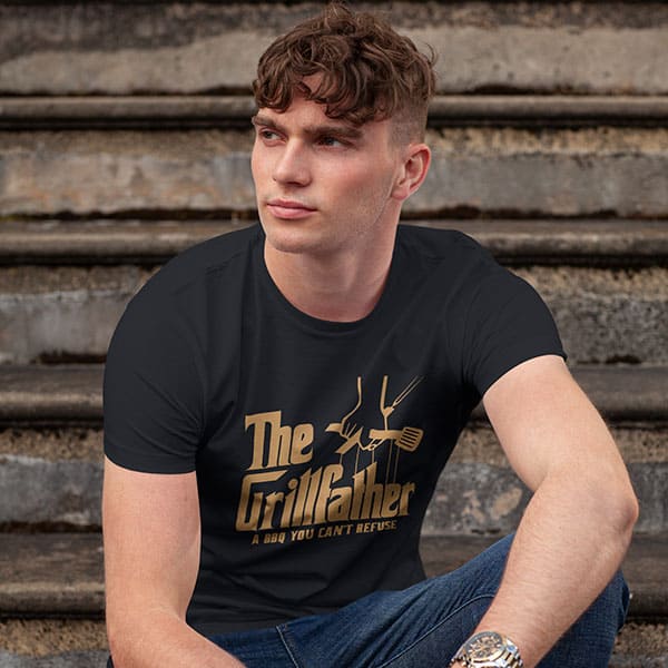The Grillfather adult black t-shirt on a man front view