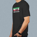 WTF-Where's The Food adult black t-shirt on man side view