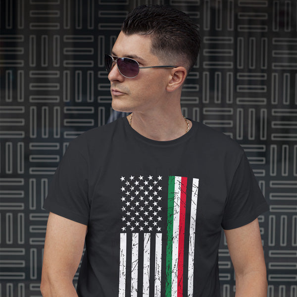TSAB218-Adult Distressed Italian-American Flag T-Shirt (Black)