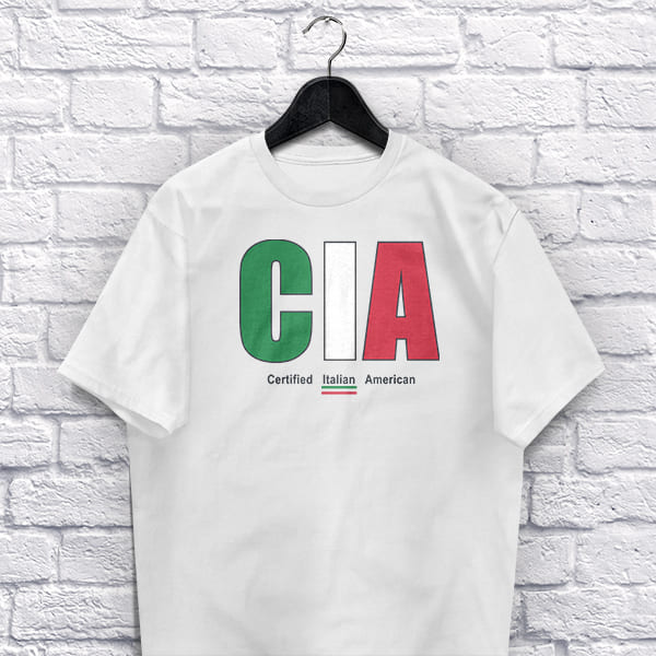 CIA Certified Italian adult white t-shirt on a hanger