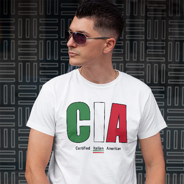 CIA Certified Italian adult white t-shirt on a man front view