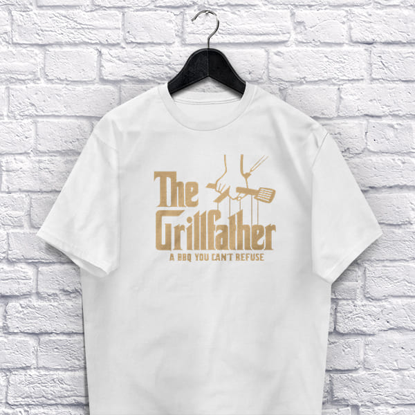 The Grillfather adult white t-shirt on a hanger