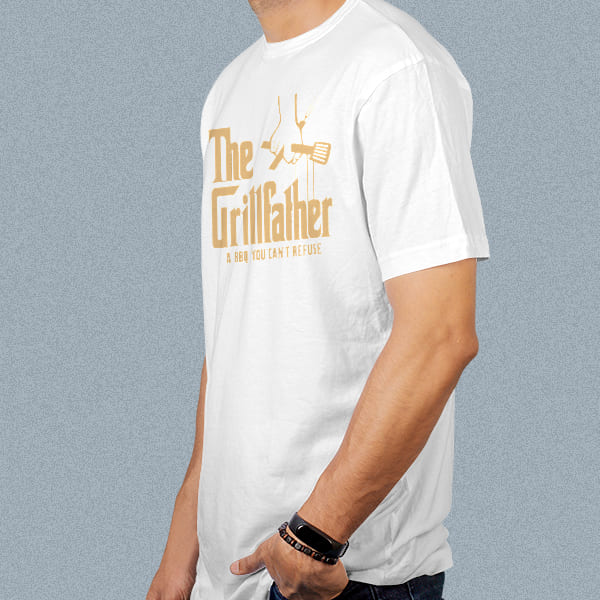 The Grillfather adult white t-shirt on a man side view