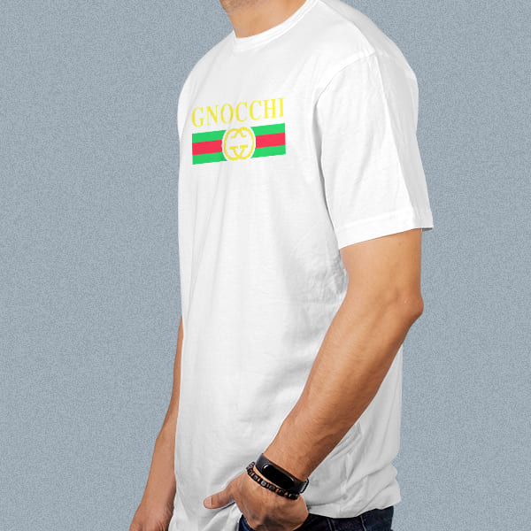 Gnocchi adult white t-shirt on a man side view