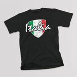 Italia distressed badge youth black t-shirt on a table