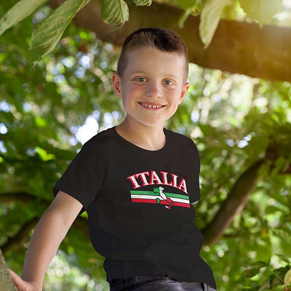 Italia bar with boot youth black t-shirt on a boy