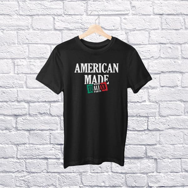 American made with Italian parts youth black t-shirt on hanger