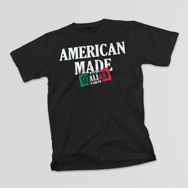 American made with Italian parts youth black t-shirt on a table
