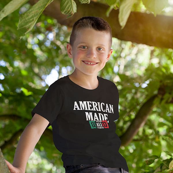 American made with Italian parts youth black t-shirt on a boy