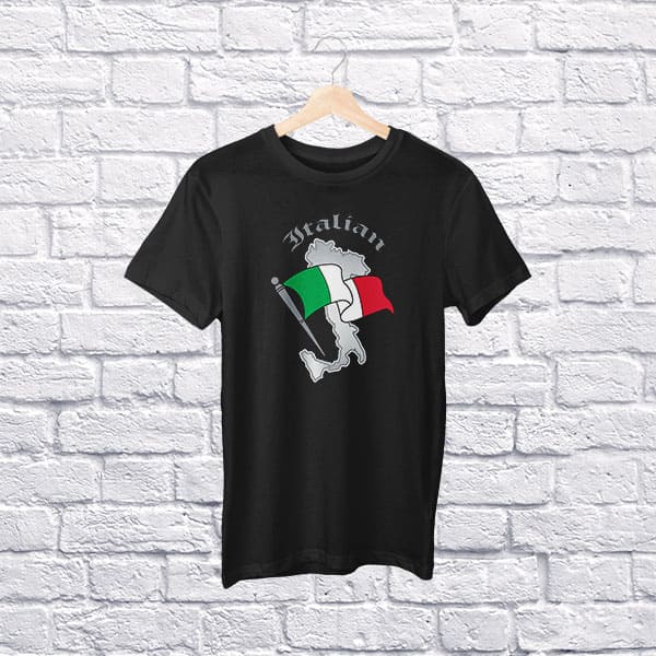 Italian boot with flag youth black t-shirt on a hanger