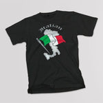 Italian boot with flag youth black t-shirt on a table