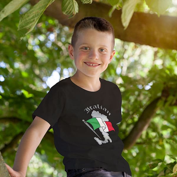 Italian boot with flag youth black t-shirt on a boy