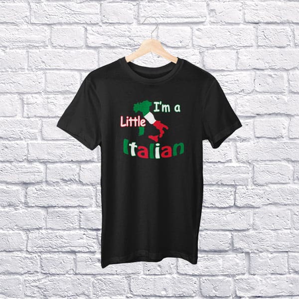 I’m a little Italian youth black t-shirt on a hanger