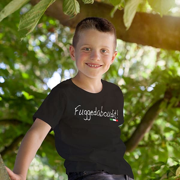 Fuggedaboudit youth black t-shirt on a boy