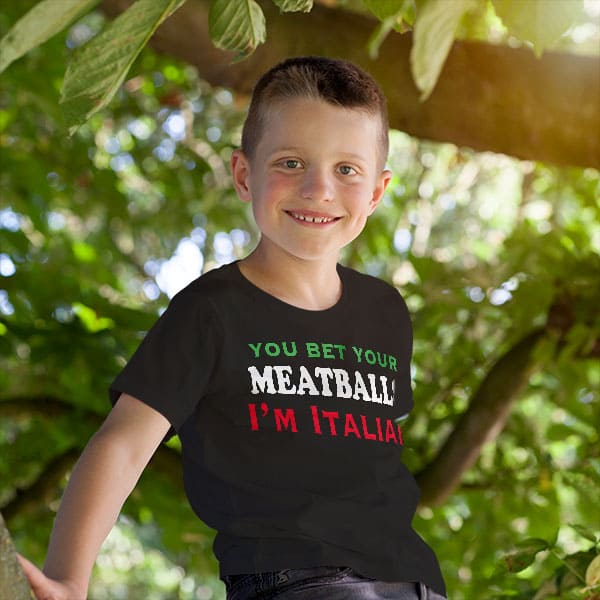You Bet Your Meatballs I'm Italian youth black t-shirt on a boy