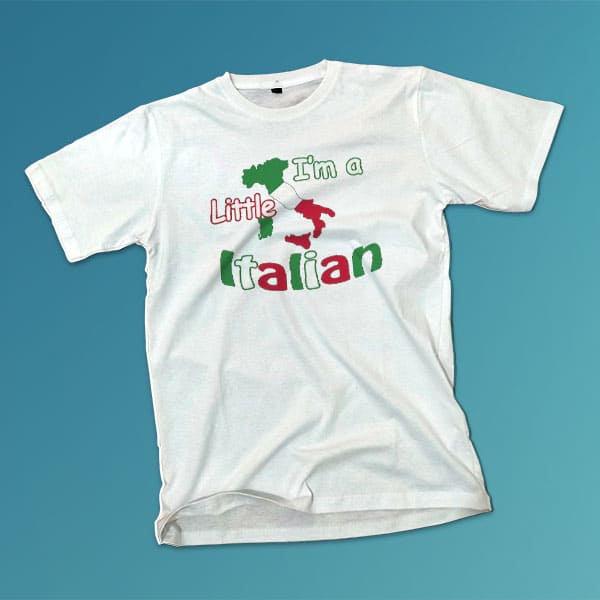 I’m a little Italian youth white t-shirt on a table