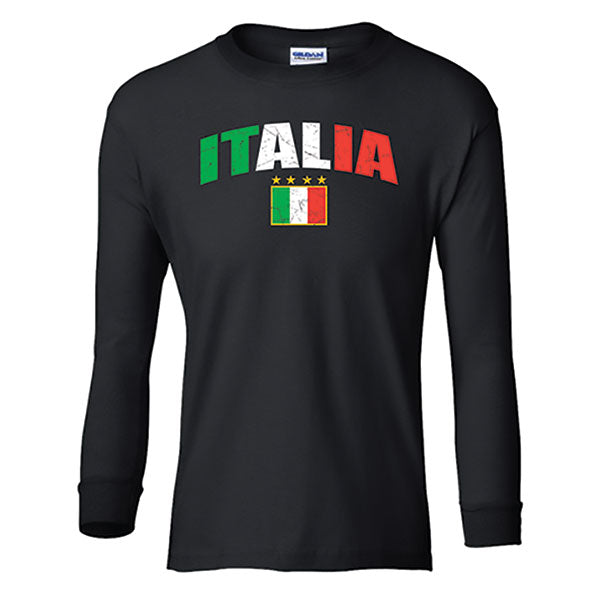 Italia Distressed Soccer Long Sleeve Black T-Shirt