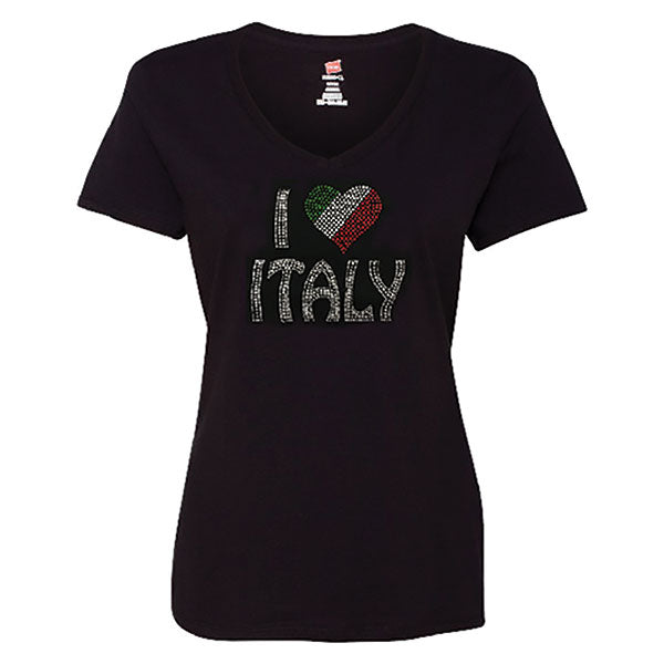 I Heart Italy Rhinestone V-Neck Black T-Shirt