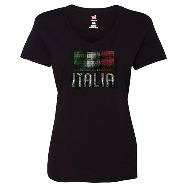 Italia Flag Rhinestone V-Neck Black T-Shirt