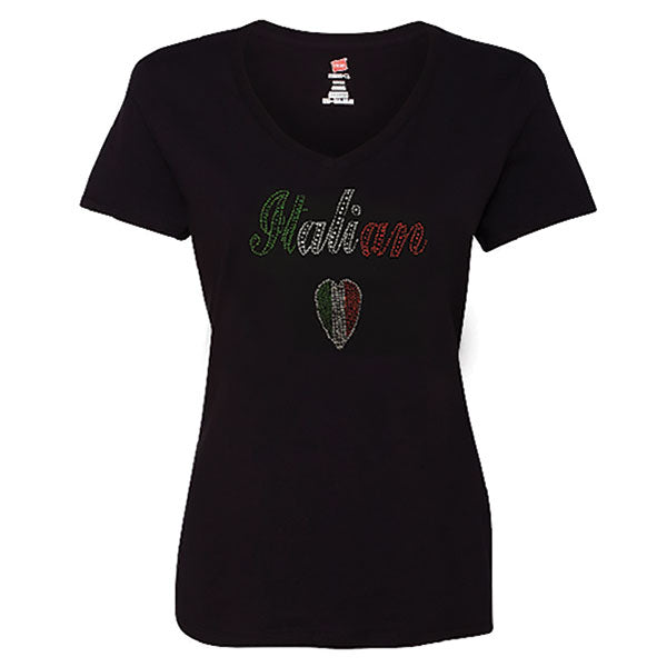 Italian Heart Rhinestone V-Neck Black T-Shirt