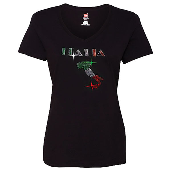 Italia With Boot Rhinestone V-Neck Black T-Shirt