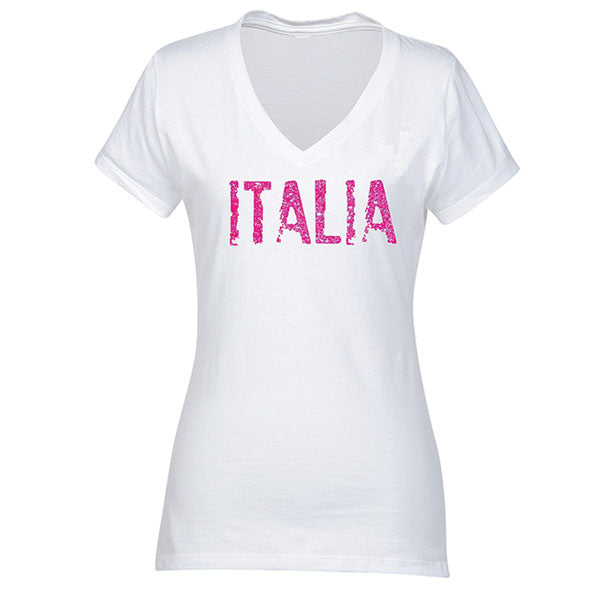 Distressed Italia Pink Glitter V-Neck White T-Shirt