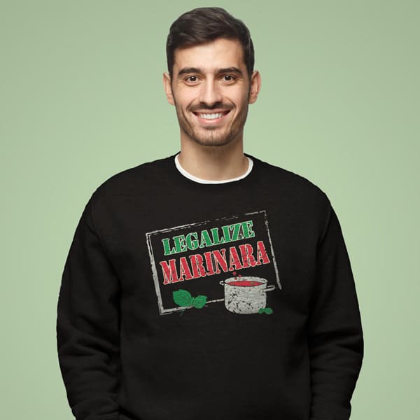 Legalize marinara adult black sweatshirt on a man