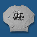 The original wise guys adult grey sweatshirt on a table