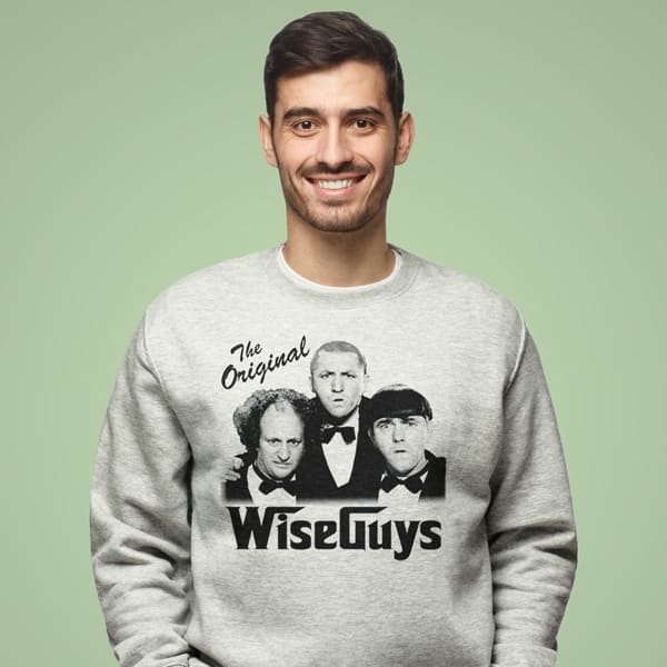 The original wise guys adult grey sweatshirt on a man